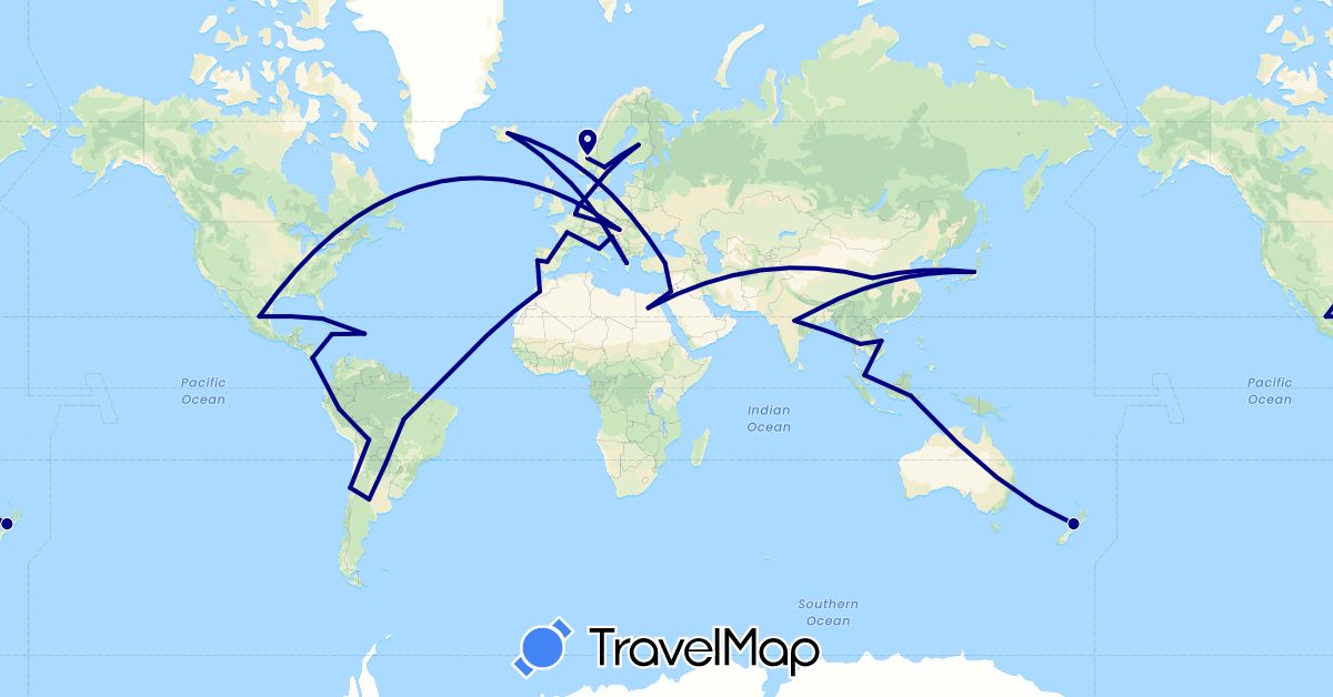 TravelMap itinerary: driving in Belgium, Bolivia, Chile, China, Costa Rica, Cuba, Germany, Egypt, Spain, Finland, France, Greece, Croatia, Hungary, Indonesia, India, Iceland, Italy, Jamaica, Jordan, Japan, Morocco, Mexico, Malaysia, Netherlands, Norway, New Zealand, Portugal, Sweden, Thailand, Turkey, United States (Africa, Asia, Europe, North America, Oceania, South America)